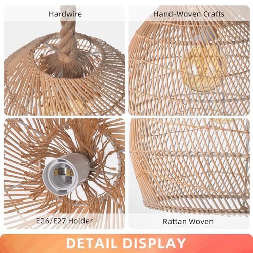 Arturesthome Mini Natural Rattan Pendant Light for Kitchen Island, Woven Lamp Shade Chandelier, Handmade Hanging Ceiling Light Lampshade, Rope Lamp D 9.8inx10.6in - size: 9.8″W x 10.6″H