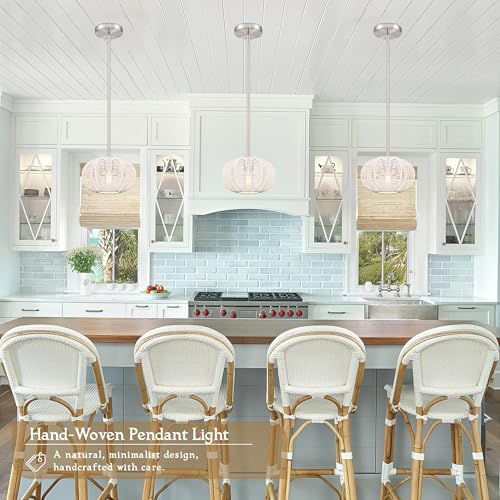 White Mini Rattan Pendant Light Hemp Rope Rattan Light Fixture Woven Pendant Wicker Chandelier Boho Chandelier for Kitchen Island - color: 8.7" White