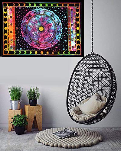 ANJANIYA Sun Moon Star Zodiac Goodluck Tarot Card Bohemian Room Dorm Decor Hippie Indian Boho Tapestry Psychedelic Mandala Wall Hanging Art Cotton Tapestries (Multi, 30"X40")