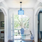 Farmhouse Pendant Light – Hand-Blown Blue Hammered Glass Shade, Black Finish, E26 Socket, Adjustable Chain Hanging Light Fixture for Kitchen Island, Dining Room & Hallway, 15" H x 12" D - color: Chain Blue