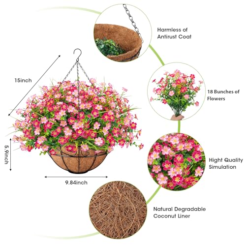 Ouddy Decor Artificial Hanging Flowers with Basket, Faux Silk Flowers in Coconut Lining Basket, Spring Summer Outdoor Decor Fake Hanging Plants for Garden Patio Yard Porch Lawn, Pink - color: Pink