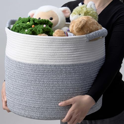 Blanket Basket (16" Dx14 H) - Round Woven Rope Storage for Living Room Throws, Pillows & Laundry- White/Mixed Gray - color: White/Mixed Gray, size: 16" X 16" X 14"