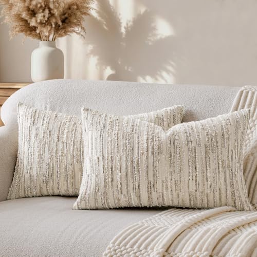 a moment Boho Throw Pillow Covers Set of 2,Striped Decorative Rustic Farmhouse Pillow Cases,Aesthetic Modern Home Decor Couch Cushion Covers for Bed Sofa Living Room 20"X12" Beige - color: Beige, size: 20" x 12" (Pack of 2)