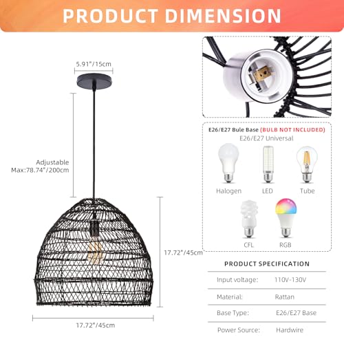 Arturesthome 17.6" Black Kitchen Island Pendant Light,Rattan Woven Pendant Light Shades Handmade Hanging Light Ceiling Light for Living Room,Entryway, Foyer - color: Black, size: 17.68in*15.7in
