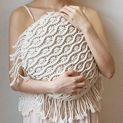 Hand Woven Pillowcase Round Shape Pillow Cover with Tassel Macrame for Bed Couch Car Home Decor Cream