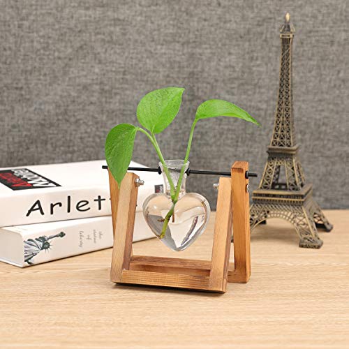 Kingbuy Terrarium with Wooden Stand, Desktop Propagation Station, Air Plant Holder, Metal Swivel Holder for Hydroponics, Home Garden, Wedding Decor - 1 Hearted Vase - size: Heart 1 Bulb