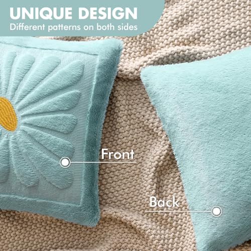 EMEMA Set of 2 Spring Summer Sunflower Floral Pillow Covers, Plush Faux Fur Decorative 18x18 Cushion Cases Adding a Soft, Bright Seasonal Accent to Sofa Couch Bed Modern Farmhouse Living Room, Blue - color: Light Blue, size: 18" x 18" (Pack of 2)