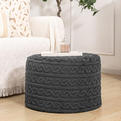 Round Plush Ottoman Pouf Stuffed– Fluffy Ottoman Foot Rest with Modern Foam Filler 20" x 14" Cozy Floor Pouf for Living Room & Bedroom (Gray) - color: Grey