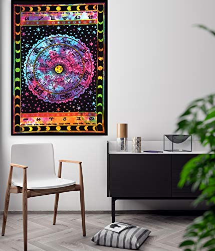 ANJANIYA Sun Moon Star Zodiac Goodluck Tarot Card Bohemian Room Dorm Decor Hippie Indian Boho Tapestry Psychedelic Mandala Wall Hanging Art Cotton Tapestries (Multi, 30"X40")