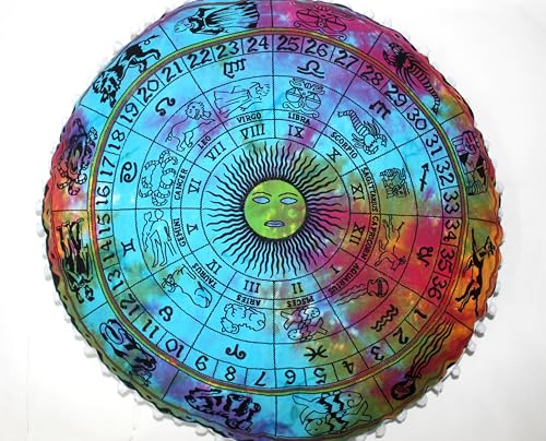 Round Mandala Floor Pillow Cover Seating Cushion Throw Cover Hippie Decorative Bohemian Ottoman Pouf Cover, Pom Pom Pillow Cases,Boho Indian 32 Inches Multi Zodiac - color: Multicolor, size: 32" Round