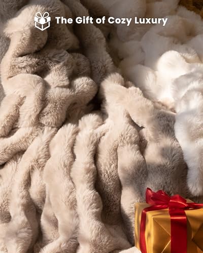 Ultra Soft Cozy Faux Fur Throw Blanket, Fuzzy Plush Thick Bubble Blanket, Oversize Luxury Fluffy Blanket for Couch, Sofa, Bedroom, and Living Room, 50x60 Inches, Light Brown - color: Bubble Light Brown, size: Throw