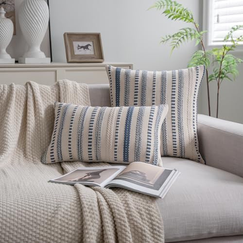 Cethom Blue and Beige Boho Lumbar Throw Pillow Covers 12x20 Inch Set of 2, Stripe Textured Decorative Couch Pillow Cases for Bed, Sofa, Living Room, Bedroom, Farmhouse Home Accent Cushion Covers - color: Blue, size: 20" x 12" (Pack of 2)