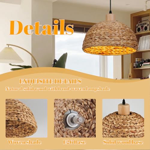 12" Boho Rattan Pendant Lights 1-Light Hand Woven Pendant Light Wicker Light Fixtures Ceiling Hanging for Kitchen Island Bedroom, Living Dining Room,Foyer