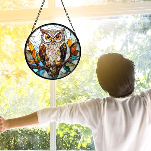 DASTOLL Stained Glass Window Hanging, Owl Colorful Leaves Birds Sun Catchers Diamond Glass Panel Hangings Suncatcher Decor for Birthday for Women, Men, Wife, Aunt, and Mom 7.8 in - color: Brown, size: 7.8x7.8 IN