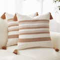 Boho Throw Pillow Covers with Tassels Woven Set of 2, 18x18 Inch Striped Textured Couch Throw Pillows for Couch Bed Sofa Bedroom Modern Funky (Light Brown, 18"x18"(Pack of 2)) - color: Light Brown