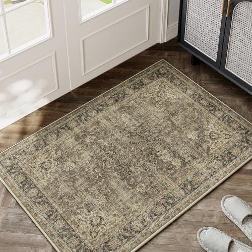 2x3 Washable Area Rug Brown Vintage Non Slip Soft Low Pile Small Rug for Entryway Kitchen Bathroom Distressed Oriental Throw Carpet for Living Room Bedroom Home Decor - color: Brown/Black, size: 2' x 3' (Rectangular)