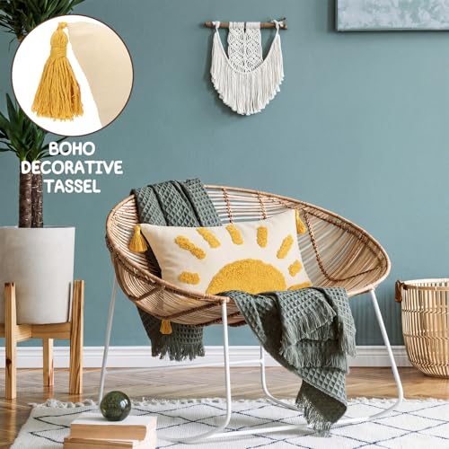 2 Pcs Sun Tufted Lumbar Pillow Cover 12x20 Inch Boho Velvet & Canvas Throw Pillow with Tassels, Yellow Cream Decorative Accent Pillows for Bed, Couch, Living Room & Farmhouse Decor - style: Small Sun
