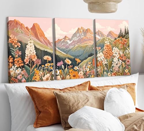 3Pcs Boho Mountain Canvas Wall Art Vintage Wildflower Mountains Poster Prints Abstract Nature Landscape Picture Nature Botanical Paintings Artwork Wall Decor for Living Room Bedroom 12x16in Framed - color: Wildflowers, size: 16"L x 12"W