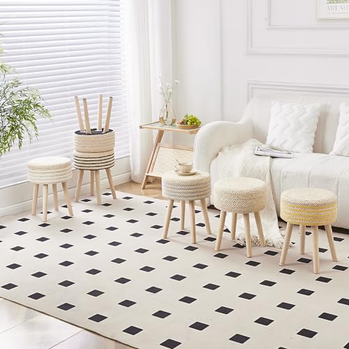 Cpintltr Round Ottoman Footstool Natural Seagrass Foot Stool Pouf Ottomans with Solid Wood Legs Hand Weave Hyacinth Footrest Step Stool for Living Room Balcony Garden Natural & Beige - color: Beige