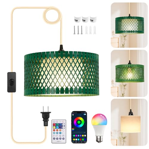 ZSLAIFU Hanging Lamp Plug in Pendant Light, 15FT Hanging Lights with Plug in Cord, Hanging Light with Bulb and Remote, Wood Shade Hanging Lamps for Bedroom, Living Room, Kitchen, Farmhouse(Green) - color: Green Wood - White Shade
