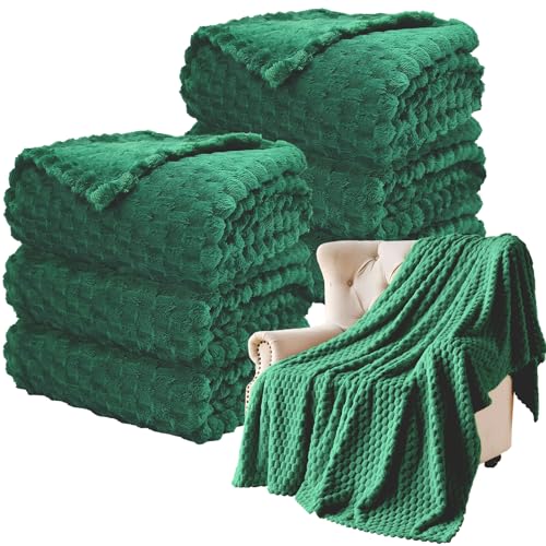 6Pcs Fleece Throw Blanket Bulk for Bed Couch, 3D Turtle Shell Jacquard Decorative Blankets 50X60in, Lightweight Fuzzy Flannel Blanket for Wedding Gifts, Office, Homeless Donation(Green) - color: Green