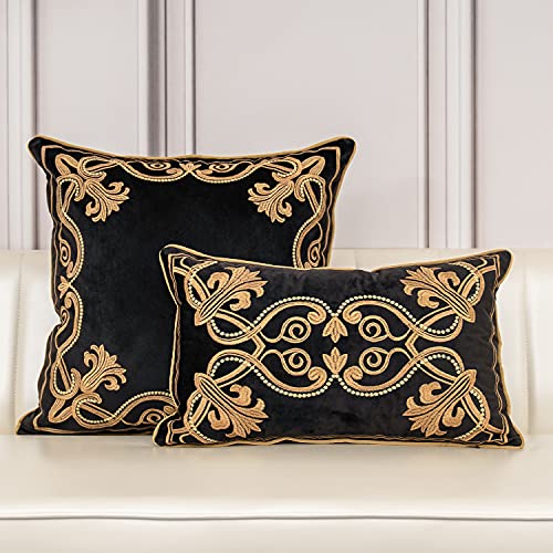 Aeckself European Floral Pillow Cover 24x24 Inch, Large Luxury Velvet Embroidered Decorative Throw Pillow Cover for Couch Bedroom Living Room, Black and Gold, Yw-OBYG-Black6060 - color: Black Gold, size: 24" x 24" (Pack of 1)