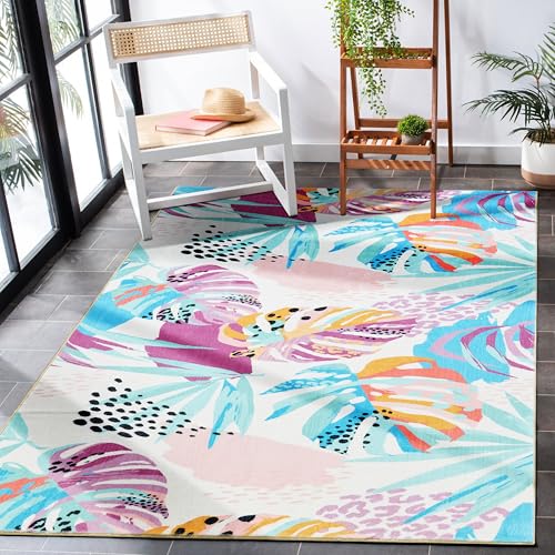 RoomTalks Tropical Leaves Washable Rug, Colorful Pink Blue Boho Cute Floral Aesthetic 3x5 Area Rugs for Bedroom Dorm Living Room Kitchen, Modern Abstract Art Palm Leaf Thin Indoor Entryway Carpet - color: Blue and Purple, size: 3 x 5 feet