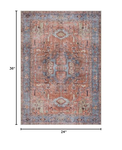 Bloom Rugs Washable Non-Slip 2' x 3' Rug - Terracotta/Blue Traditional Oriental Area Rug for Living Room, Bedroom, Dining Room, and Kitchen - Exact Size: 2' x 3' - color: Terracotta / Blue, size: 2' x 3' (Rectangular)