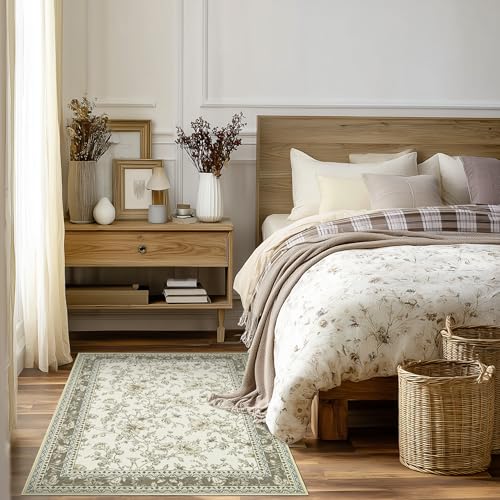 Beige Taupe Floral Area Rug for Entryway 2x3 Washable Small Rug Low Pile Non Slip Distressed Entry Mat Soft Farmhouse Indoor Entrance Door Mat for Kitchen Bedroom Greyish Beige Tan Floral Design - color: Sketch Floral Cool Beige, size: 2' x 3' (Rectangula