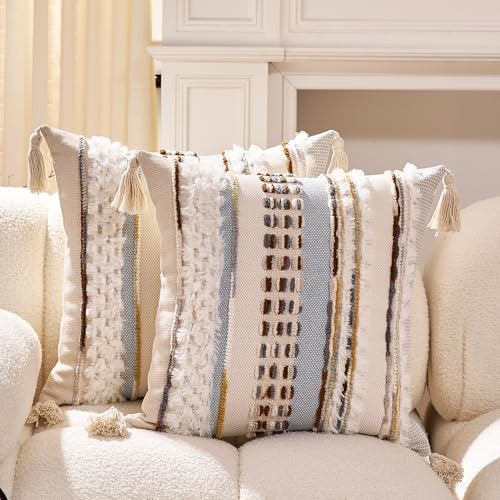 Chenille Striped Texture Decorative,Tassels Woven Throw Pillows,18x18 inch Bohemian Pillow Set, (White-Blue Stripe Pack of 2, The Pillowcase has Tassels) - color: White-blue Stripe Pack of 2, size: 18" x 18" (Pack of 1)