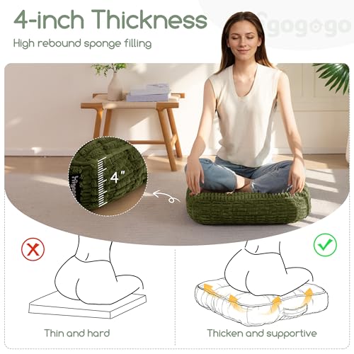 HIGOGOGO Floor Pillow Cushion for Adults, Meditation Cushion Pillow, Blended Corduroy Cover, Large Square Floor Sitting for Tatami Living Room or Yoga, 2Pack, Dark Green - color: Square Dark Green, size: 4" Thick(Pack of 2)