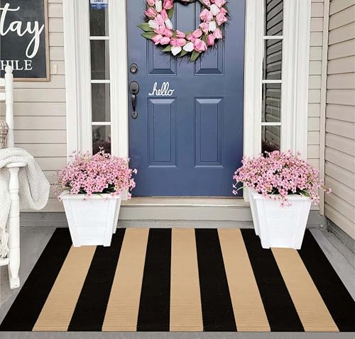 Striped Layering Rug 27.5"x43",Black and Tan Farmhouse Front Porch Mat Cotton Woven Washable Entryway Rug Indoor Outdoor Front Door Mat for Porch/Entryway/Home Entrance Decor - color: Black Tan, size: 2'4" x 3'7" (Rectangular)