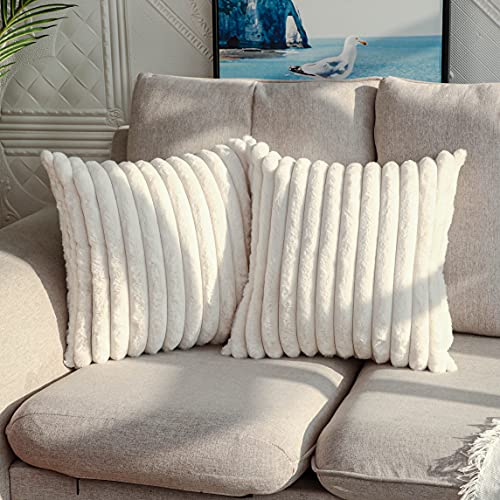 DEELAND Pack of 2,Double-Sided Faux Fur Plush Decorative Throw Pillow Covers Fuzzy Striped Soft Pillowcase Cushion Covers for Sofa Couch Bedroom - color: Cream White, size: 26" x 26" (Pack of 2)