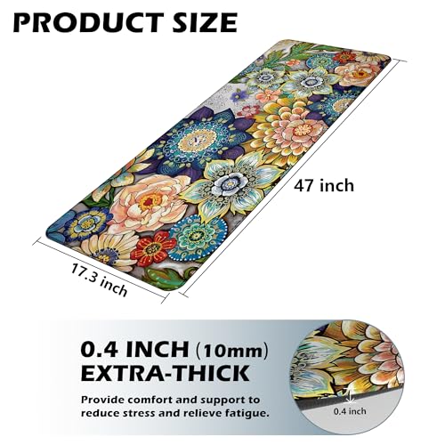 Floral Kitchen Runner Rug Mat for Floor Boho Cushioned Anti-Fatigue Mat Non-Slip Standing Desk Waterproof Comfort Floor Mat for Sink, Office, Laundry, 17.3x47 Inch - color: Colorful Boho Floral, size: 17.3"x47"-0.40Th