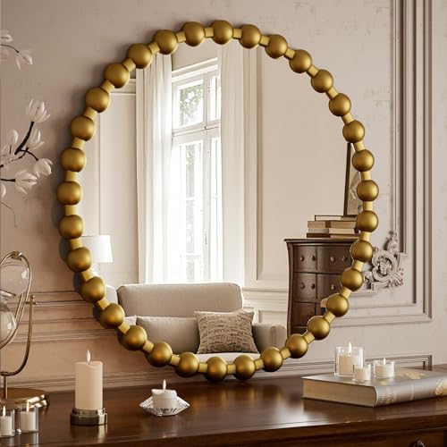 Easly Round Mirror for Wall, 28 Inch Gold Beaded Frame Decorative Vanity Mirror, Circle Bathroom Mirror with High-Definition Lense, Modern Wall Decor for Bathroom, Living Room, Bedroom, Entryway - color: Gold, size: 28"L x 28"W