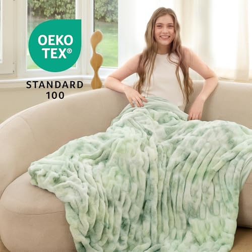 Faux Rabbit Fur Throw Blanket, Ultra Soft Plush Cozy Blanket for Couch Bed, Thick Fluffy Ruched Tie-Dye Decorative Blanket, Giftable,50"x60",Tie-Dye Sage - color: Tie-dye Sage, size: Throw(50"x60")