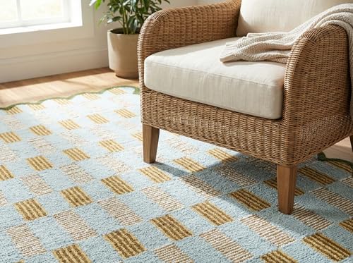 Hand Tufted Wool Rug with Scalloped Edges, Light Blue Plaid Pattern, Soft Area Rug for Living Room, Bedroom, and Nursery, Handmade Modern Accent Rug, Meadow Sky, 8'x10' - size: 8' x 10' (Rectangular)