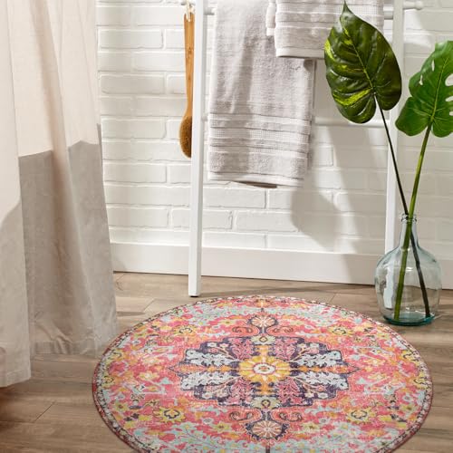 Lahome Bohemian Floral Medallion Round Rug - 3Ft Small Hot Pink Round Area Rug for Girls Bedroom Nursery Mat, Boho Washable Soft Indoor Throw Entryway Carpet for Living Room Office Coffee Table - color: Fuchsia/Multi, size: 3' (Round)