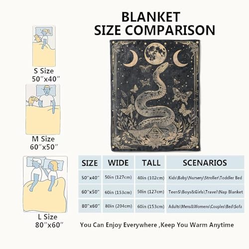 Mystic Snake Blanket Celestial Moon Throw Blankets,Birthday Gifts for Kids Adult,Lightweight Soft Fleece,with Astrology Butterfly,Sofa Couch Bed Room Horror Spiritual Decor 50x60in - color: Snake, size: 50x60in