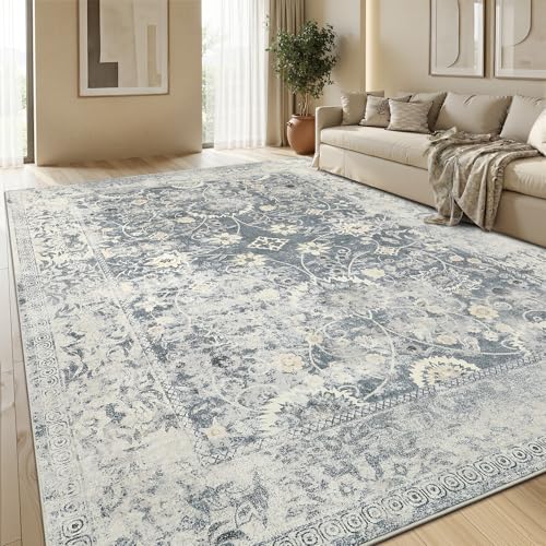 Area Rug 5x7 for Living Room - Machine Washable Rugs for Bedroom Kids Room - Vintage Stain Resistant Non Slip Low Pile Carpet for Dinning Room Farmhouse Home Office - color: Vintage Blue, size: 5' x 7' (Rectangular)