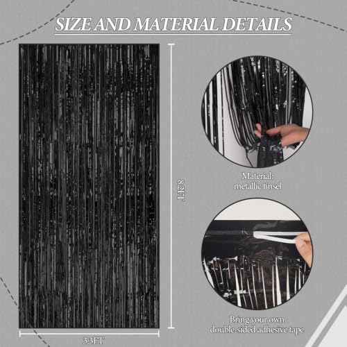 DECOCKRAT 3 Pack Foil Fringe Backdrop - Black Shiny Tinsel Curtains for Party Decoration/Photo Booth Props - 3.3x8.2 FT Metallic Foil Backdrop for Birthday, Wedding, Graduation, Christmas. - color: Black