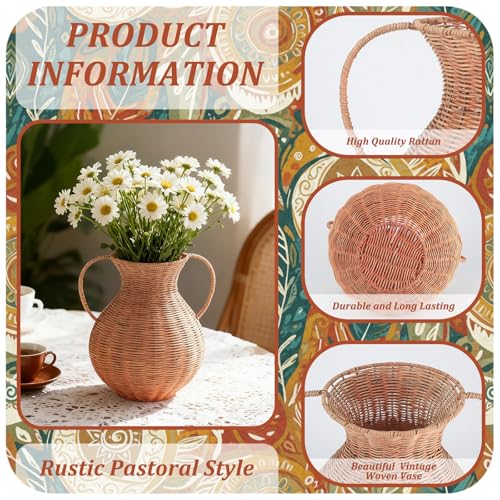 1 Pack Real Rattan Vase Woven Vase for Flower Decorative Wick AER Flower Plant Weave Basket Dark Brown Country Rustic Pastoral Style Tabletop Centerpiece for Home Decor(Classic Cylindrical) - style: Classic Cylindrical