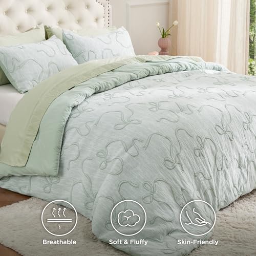 Bedsure Sage Green Comforter Set Queen, GentleSoft™ 3 Pieces Breathable Bow Comforter Set Women Girls with 2 Pillow Shams, Cute Queen Bedding Sets Room Decor Aesthetic Bedroom Decor, 90x90 Inches - color: 01 - Bow Sage Green, size: Queen (90" x 90")