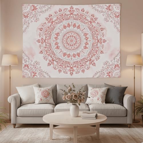 Accnicc Pink Floral Mandala Tapestry Wall Hanging Boho Medallion Tapestry Aesthetic Watercolor Flower Cute Extra Large Tapestries for Bedroom Living Room Dorm Decor 90 x 68 Inch - color: Light Pink, size: 90"L x 68"W
