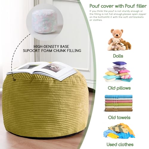 HIGOGOGO Round Stuffed Pouf Ottoman, Corduroy Poufs with Foam Chunk Filling, Furry and Fluffy Pouf Foot Stool Storage Ottoman, 26 X 18 Floor Poufs Foot Rest for Living Room, Green - color: Green, size: 26"D x 26"W x 18"H
