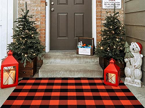 Fall Plaid Area Rug 3x5 Ft, Orange and Black Buffalo Check Large Farmhouse Cotton Rug, Hand-Woven Washable Indoor Outdoor Carpet for Halloween Thanksgiving Autumn Porch Patio Decor - color: Orange & Black, size: 3' x 5' (Rectangular)