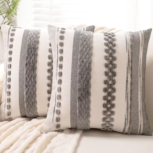 Boho Throw Pillow Covers 18x18 Set of 2 Farmhouse Decorative Cushion Case Striped Square Pillows Cover Chenille Pillow Cases Accent Neutral Pillowcase for Sofa Couch Bed,Gray - color: Gray Stripe