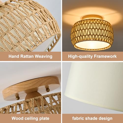 Boho Rattan Flush Mount Ceiling Lights 12 Inch Farmhouse Ceiling Light Fixtures Rustic Wicker Hand Woven Rope Cage for Dining Room Kitchen Bedroom Foyer Hallway Entryway - size: 12 Inch 1 Pack