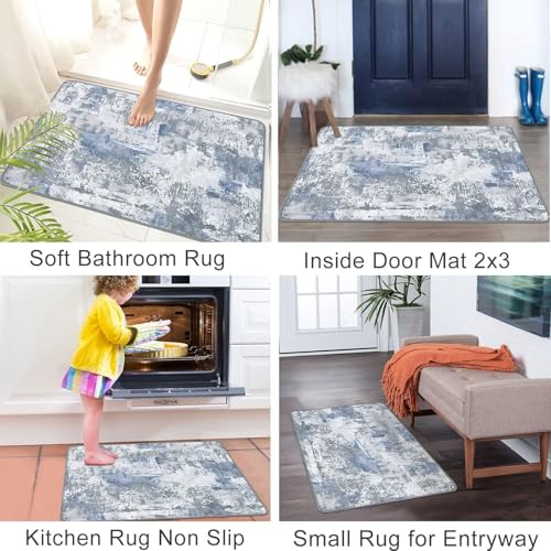 Capslpad 2x3 Blue&Greyl Abstract Hallway Runner, Ultra Soft Fabric Washable Runner Rug, Non-Slip Rubber Backing, Stain Resistant Low Pile Runners for Hallways, Kitchen, Entryway, Bedroom, Laundry - color: Blue&greyl, size: 2' x 3' (Runner)