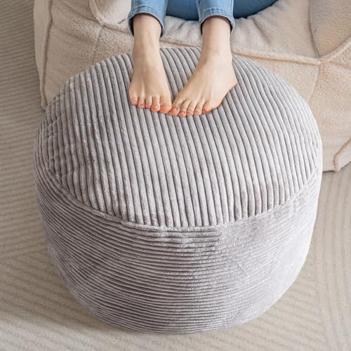 HIGOGOGO Round Stuffed Pouf Ottoman, Corduroy Poufs with Foam Chunk Filling, Furry and Fluffy Pouf Foot Stool Storage Ottoman, 20 X 15 Floor Poufs Foot Rest for Living Room, Grey - color: Grey, size: 20"D x 20"W x 15"H